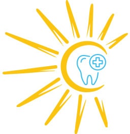 Sun with crescent moon containing tooth and medical cross symbol for dental care