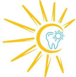 Yellow sun with blue tooth and small sun icon inside crescent moon shape