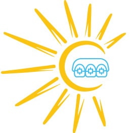 Sun with three smiling faces inside circle, representing bright dental care and family orthodontics.
