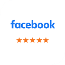 Facebook logo with five orange stars indicating a positive customer review rating.